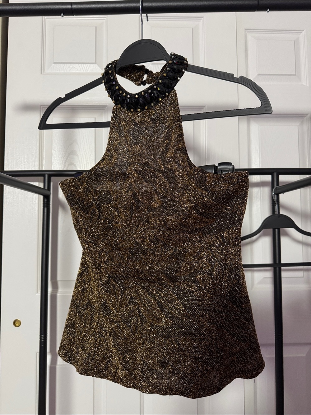 a'gaci Metallic Gold Halter Camisole with Embellished Collar